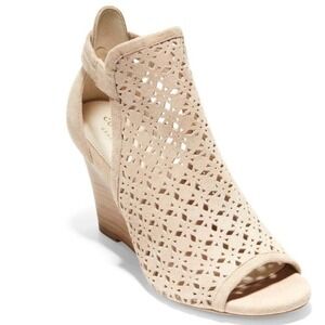 Cole Haan Tan Suede Laser Cut Wedge Sandals Peep Toe 8.5